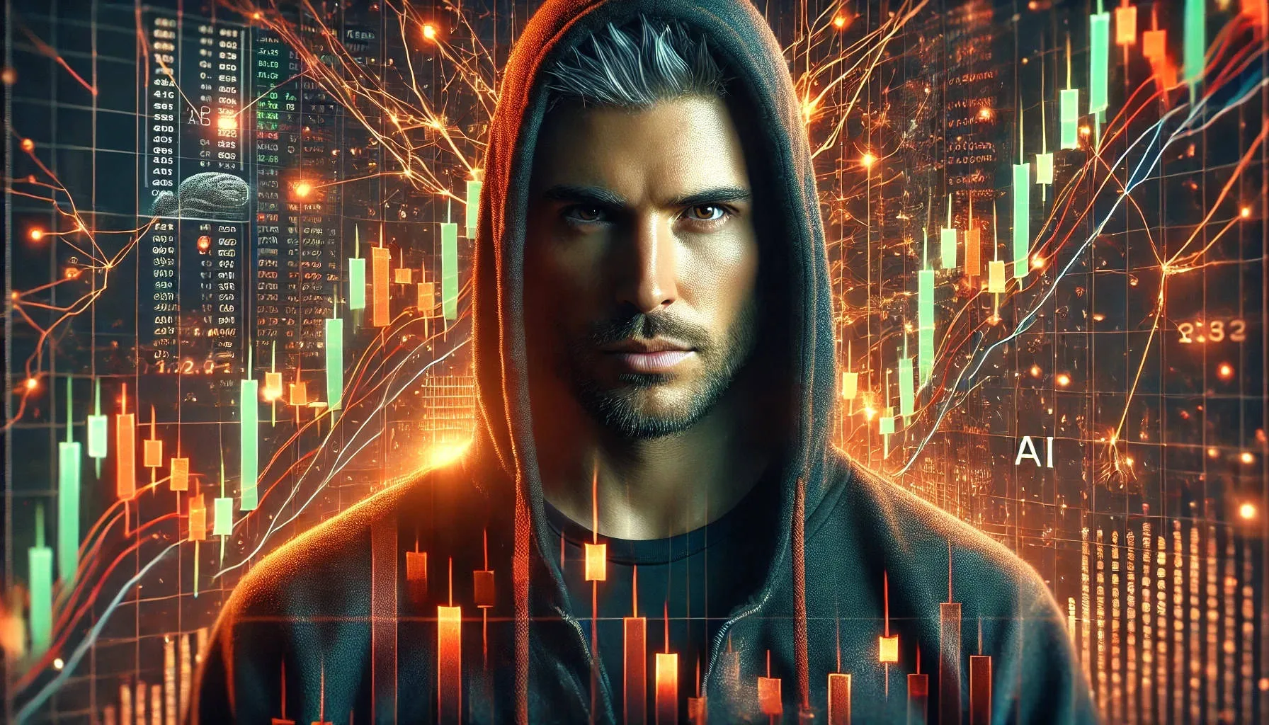A young man in a dark hoodie stares intensely forward, surrounded by financial charts and digital visualizations in orange and green tones, symbolizing artificial intelligence and data analysis.