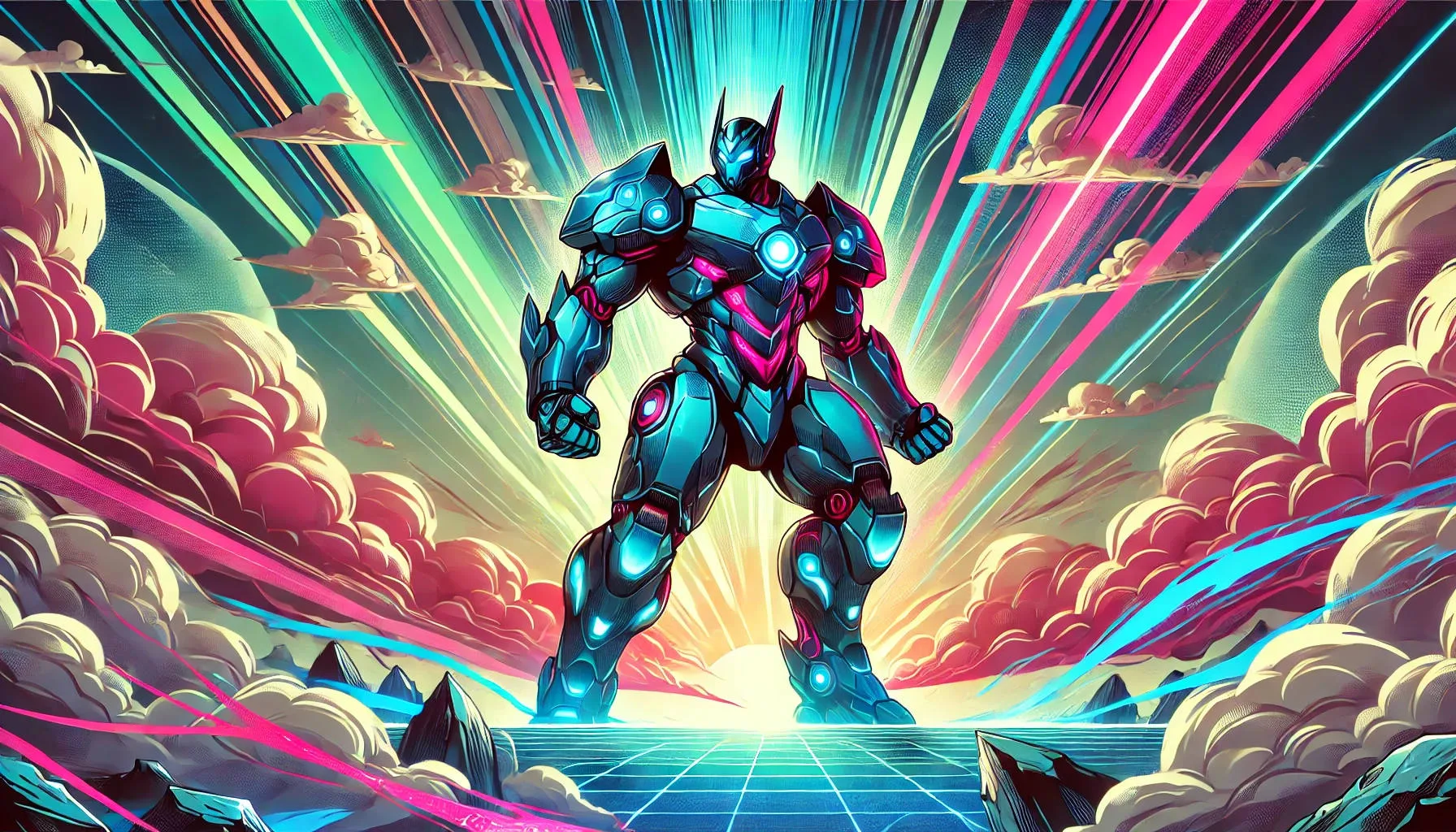postergación planificada, Colorful illustration of a futuristic giant robot with neon blue, cyan, and magenta accents, posing heroically against a dramatic sky filled with clouds, light bursts, and energy streaks.