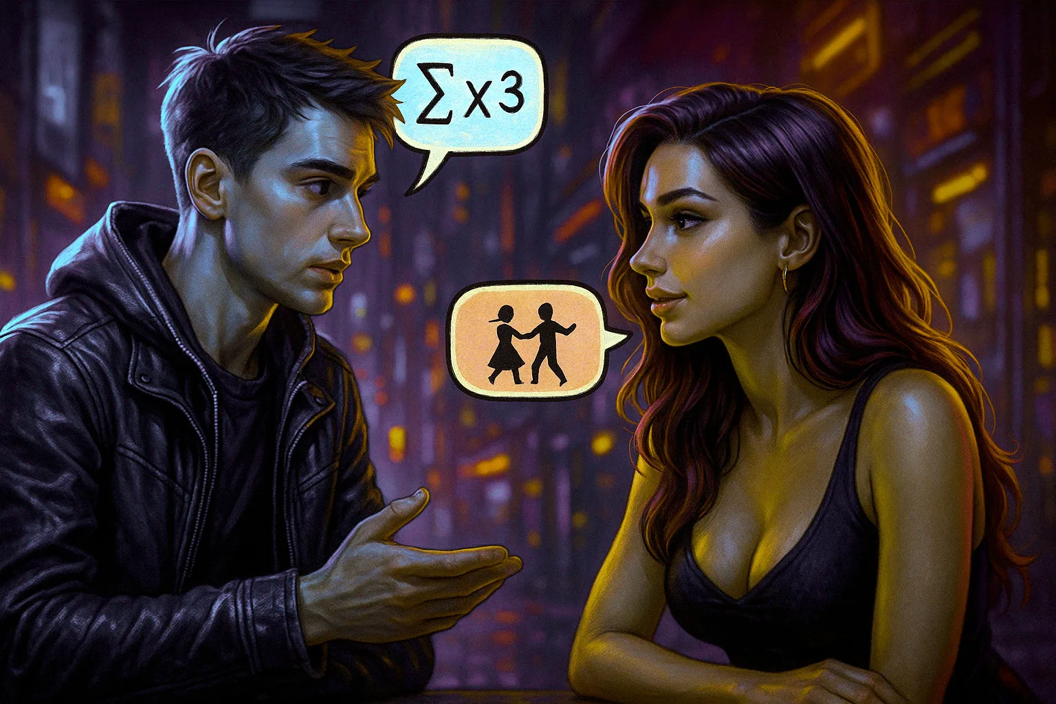 Modos apolíneo y dionisíaco. Hombre apolíneo y mujer dionisíaca conversando en un entorno urbano nocturno con bocadillos que representan razón (Σ×3) y éxtasis (baile)