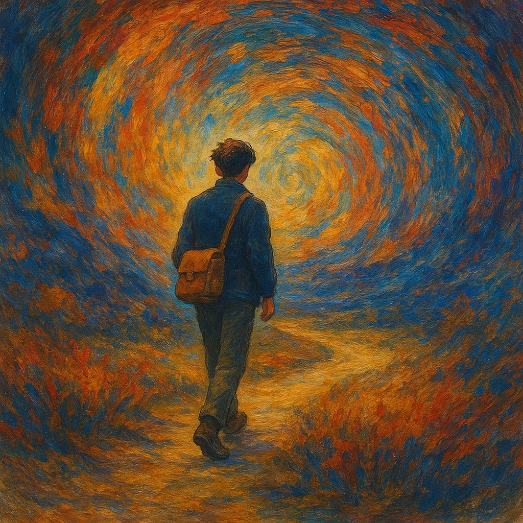 A solitary figure walks along a winding path through a vibrant, impressionistic landscape.