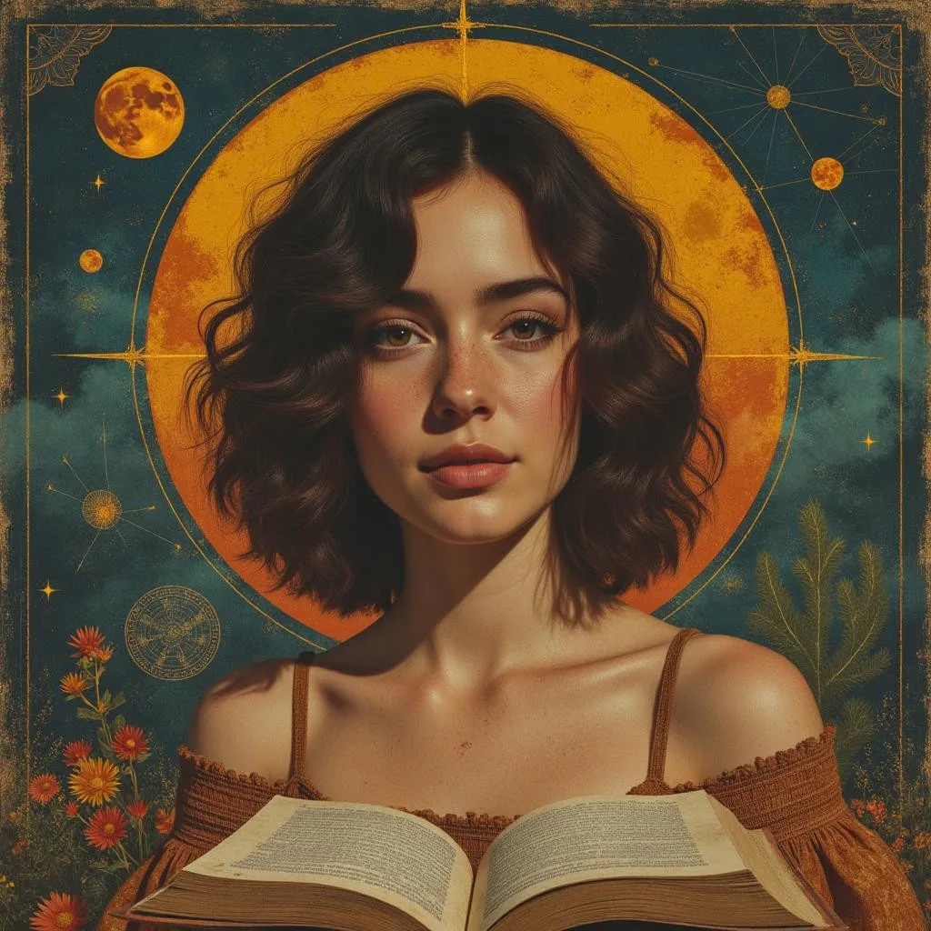 Retrato digital de una joven de cabello oscuro y rizado frente a un fondo cósmico con un gran halo dorado. Ella mira al frente con expresión serena, vestida con una blusa marrón. Frente a ella hay un libro abierto y, alrededor, constelaciones, flores rojas y símbolos astrológicos flotan en el cielo azul oscuro.