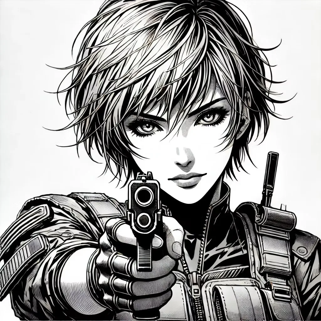 Cyborg apuntando con pistola, inspirada en Ghost in the Shell – arte estilo manga en blanco y negro