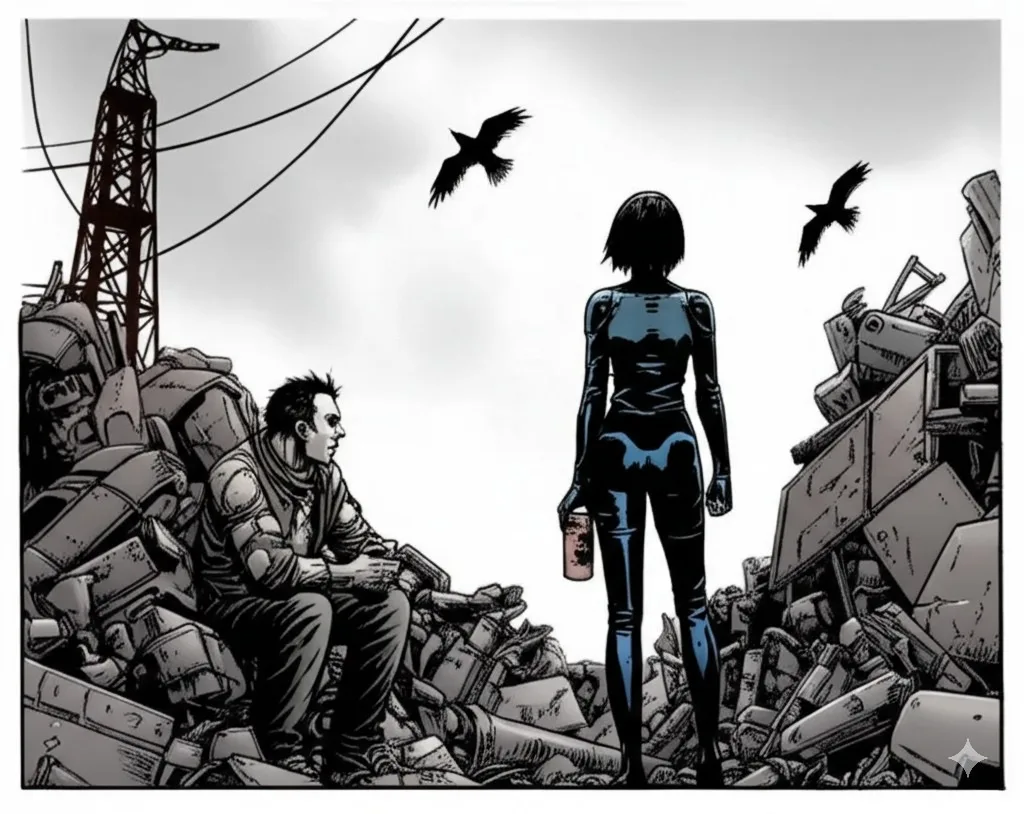 Motoko Kusanagi y Batou, protagonistas de Ghost in the Shell, entre montañas de chatarra tecnológica en un entorno postapocalíptico, con cuervos volando sobre un cielo gris.