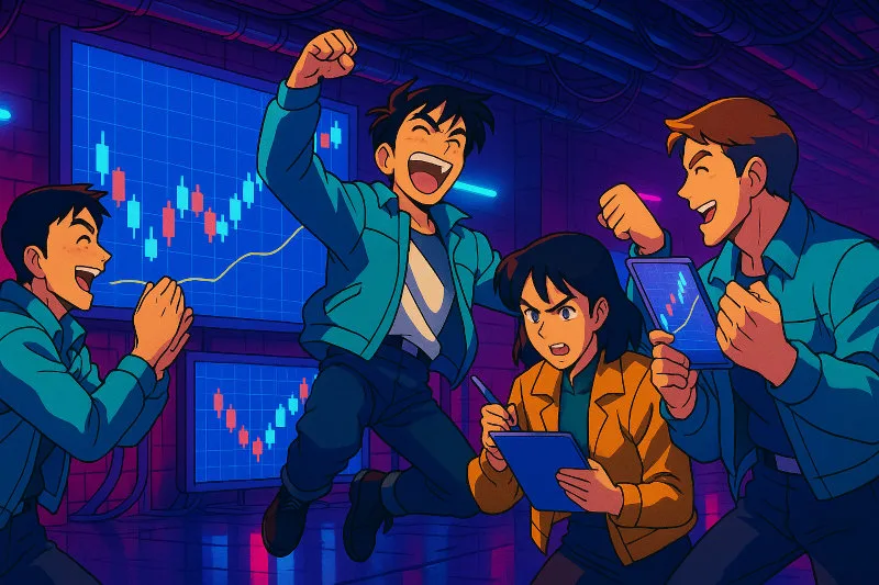 Jóvenes traders celebrando una operación exitosa en small caps frente a gráficos bursátiles rista de traders